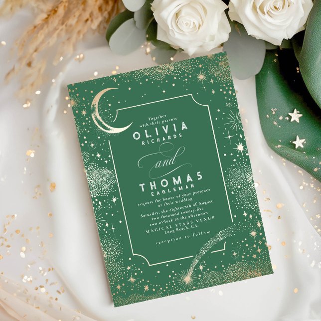 Måne Stars Celestial Night Sage Grönt Bröllop Inbjudningar (Celestial Sage Green Wedding Invitation)