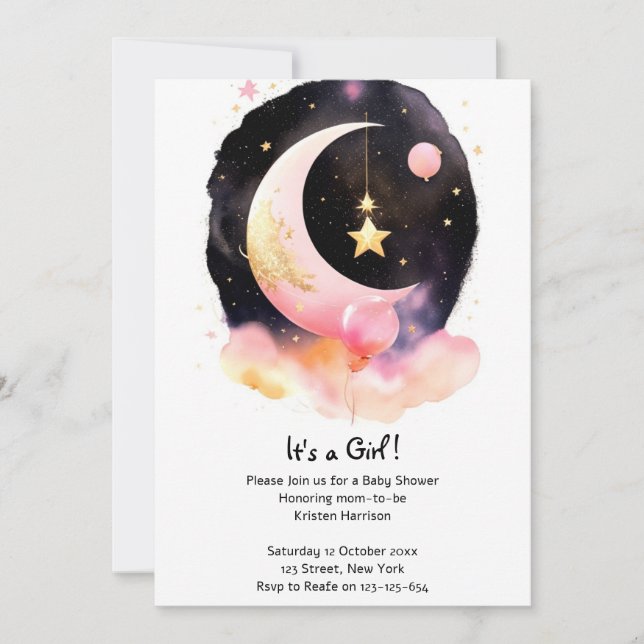 Måne Stars Celestial Watercolor Girl Baby Shower Inbjudningar (Framsida)