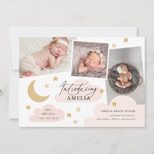 Måne Stars Clouds 3 Photo Collage Rosa Birth Meddelande (Framsida)
