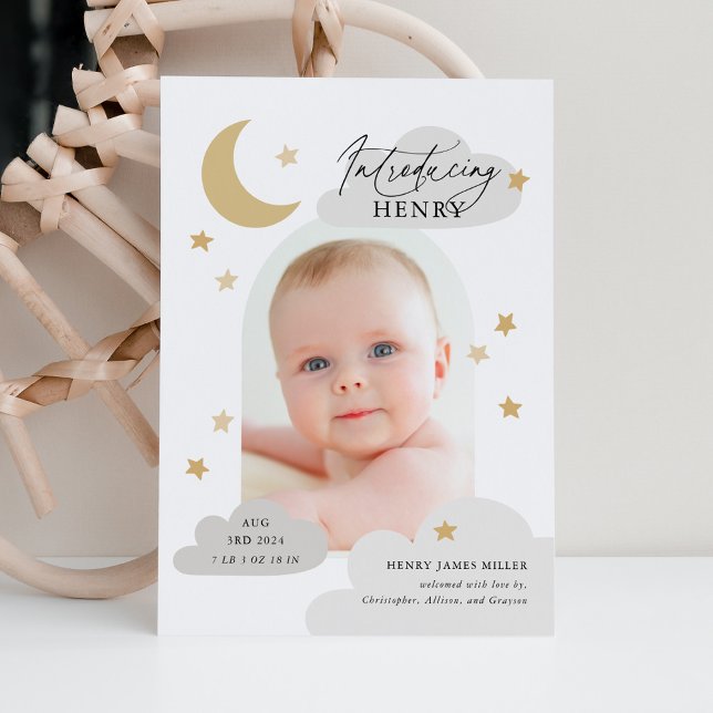 Måne Stars Clouds Arch Photo Grått Birth Meddelande (Skapare uppladdad)