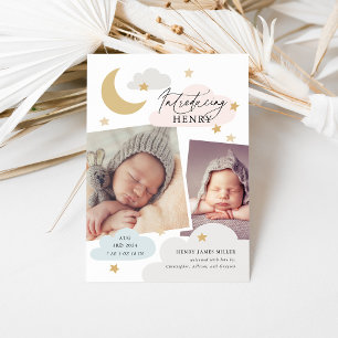 Måne Stars Clouds Collage Photo Rosa Blue Birth Meddelande