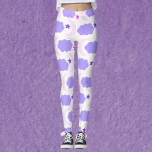 Måne Stars Clouds Mönster Mörk Lila Rosa Leggings