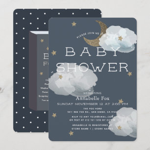 Måne, Stars & Clouds Navy Baby Shower Inbjudningar