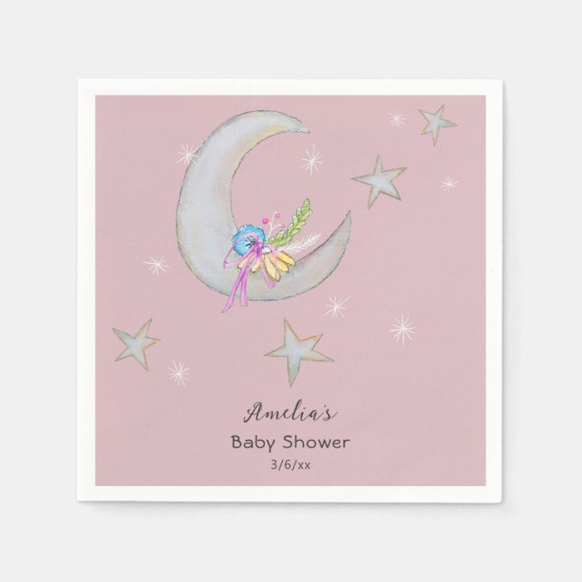 Måne Stars Flowers Mauve Hand plockade Baby Shower Pappersservett (Framsidan)