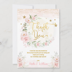 Måne & Stars Girl Birthday  Rosa Guld Blommigt  Tack Kort