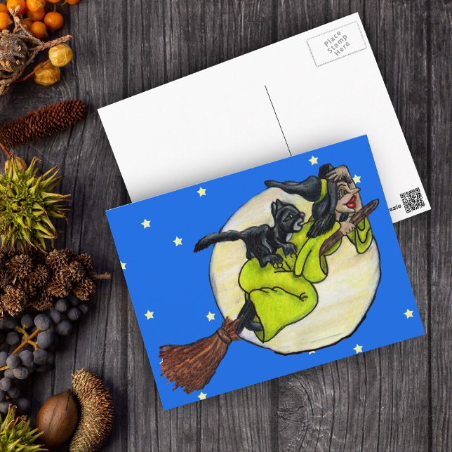 Måne Stars i Vykort (Fun witch black cat flying on broom past moon stars on Halloween postcard.)