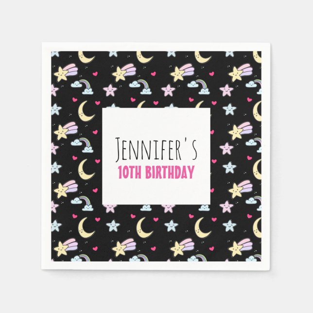 Måne, Stars och Clouds Mönster på Svart födelsedag Pappersservett (Framsidan)