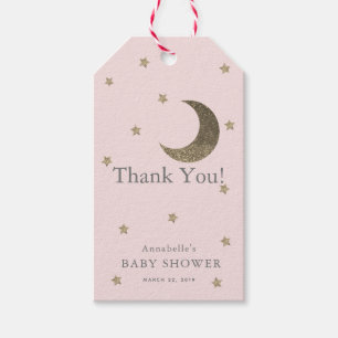 Måne & Stars Rosa Baby Shower Tack GIft Märkre Presentetikett