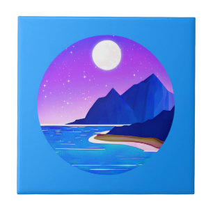 Måne, Stars Sea och Mountain i Violet och Blue Kakelplatta