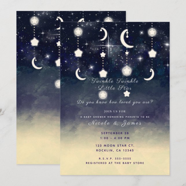 Måne Stjärna Glöd Celestial Akvarell Baby Shower Inbjudningar (Fram/baksida)