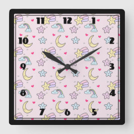 Måne-, stjärna- och molnmönster på rosor fyrkantig klocka