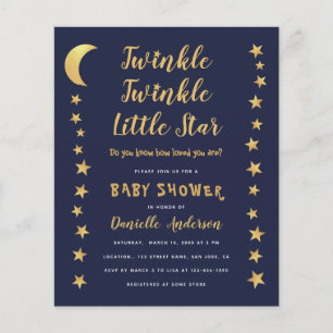 Måne Stjärnor Blå Guld Budget Baby Shower Inbjudan