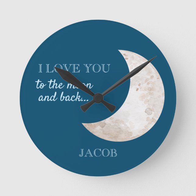 Måne Stjärnor Marinblå Vit Barnkammare Namn Rund Klocka (Framsida)