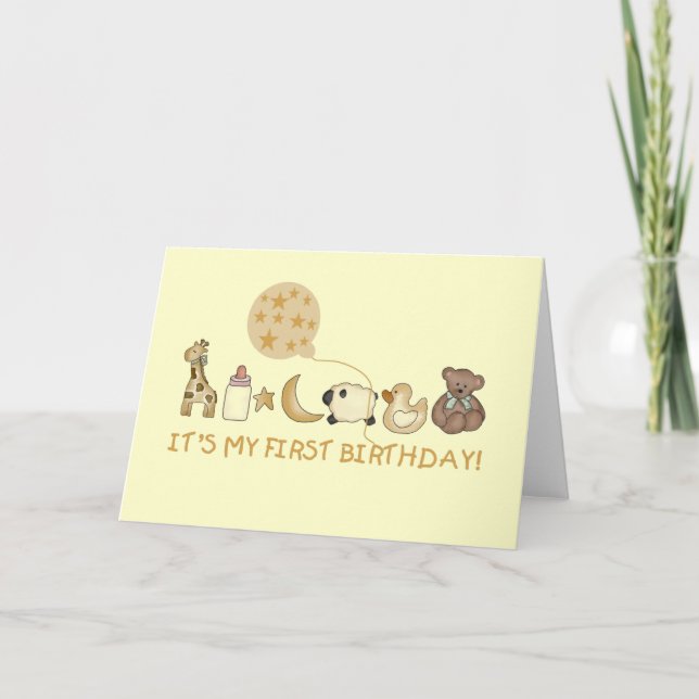 Måne, stjärnor och djur första födelsedag kort (Framsida)