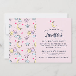 Måne, stjärnor och moln Mönster på Rosa födelsedag Inbjudningar