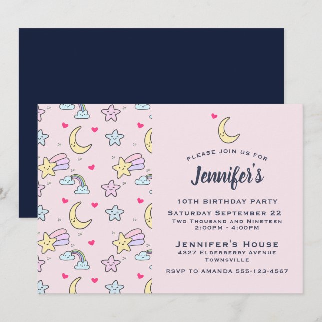 Måne, stjärnor och moln Mönster på Rosa födelsedag Inbjudningar (Fram/baksida)