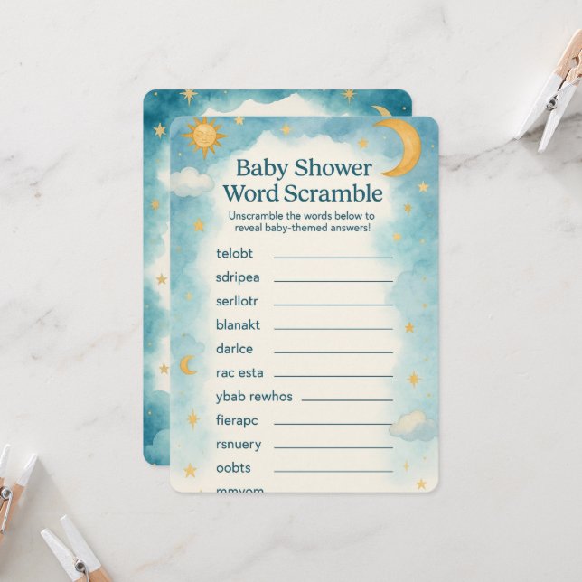 Måne, stjärnor och visemisk babystövel i Ord Inbjudningar (Fram/Back In Situ)