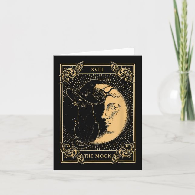 Måne Tarot Xvii inspired Black Cat Witch Hat Kort (Framsida)