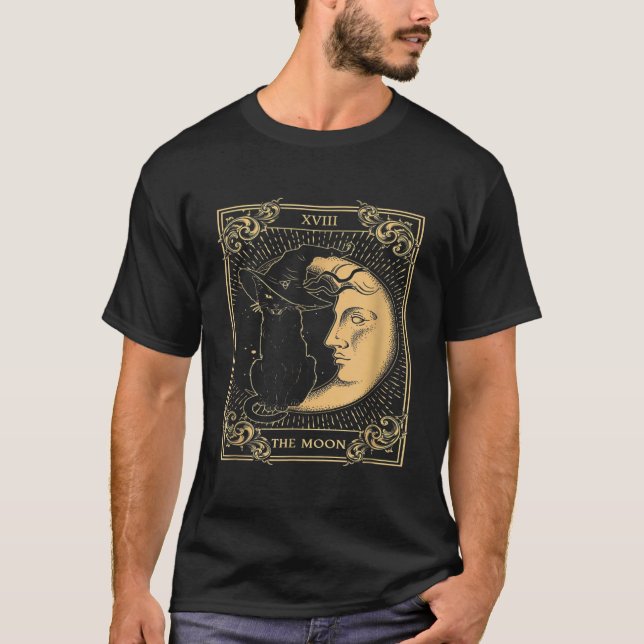 Måne Tarot XVII Inspired Black Cat Witch Hat T Shirt (Framsida)