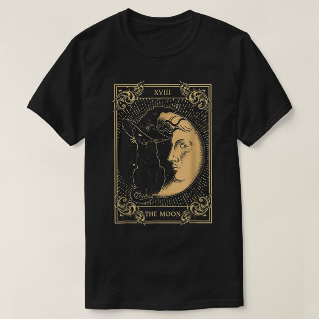 Måne Tarot XVII Inspired Black Cat Witch Hat T Shirt (Design framsida)