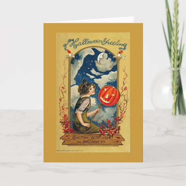 Måne Witch Halloween Hälsning Kort (Framsida)