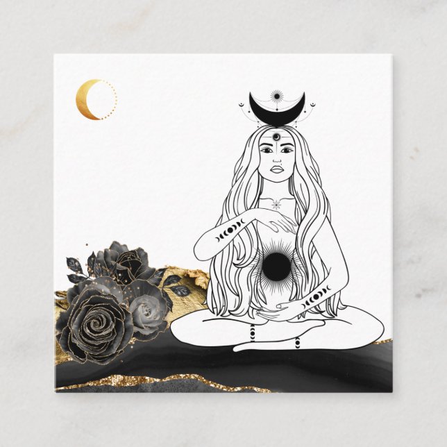 *~* Måne Yoga Luna Ro Goddess Black Guld Fyrkantigt Visitkort (Framsida)