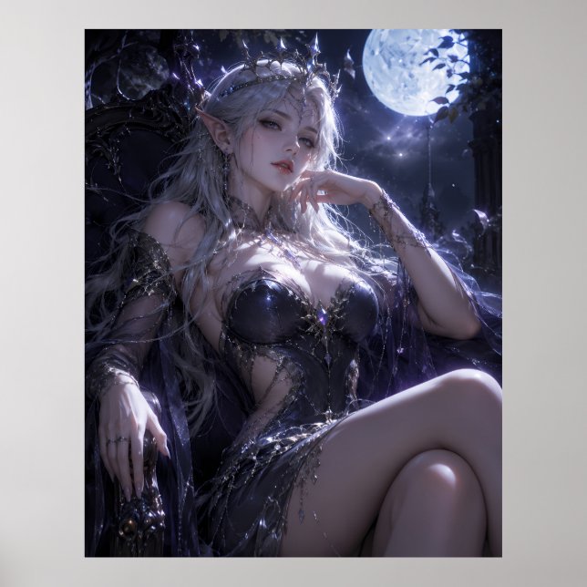 Månebelyst alvdrottning fantasiporträtt | Mörkblå  Poster (Framsidan)
