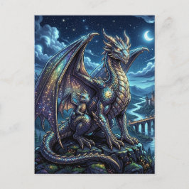 Månebelyst Celestial Drakon och Bebis Fantasislott Vykort