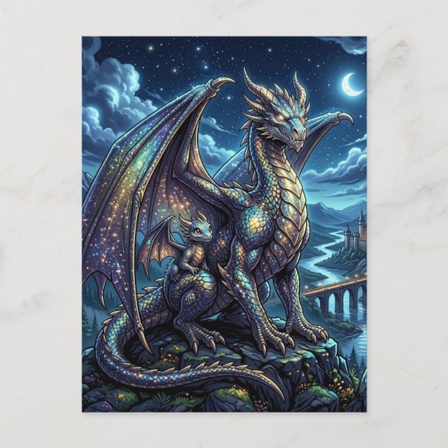 Månebelyst Celestial Drakon och Bebis Fantasislott Vykort (Framsida)