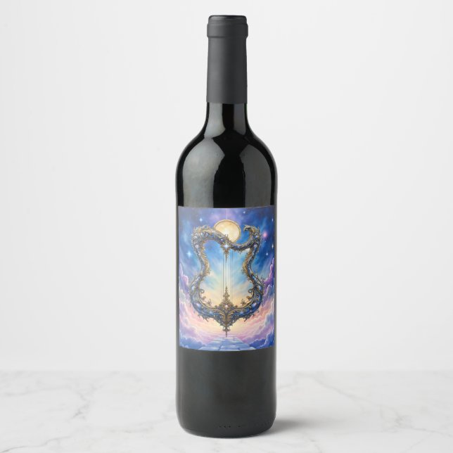 Månebelyst Celestial Harpa – Drömlik Kosmisk Fanta Vinflaska Etikett (Framsida)