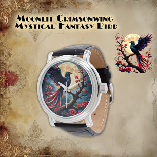 Månebelyst Crimsonwing – Mystisk Fantasifågel. Armbandsur
