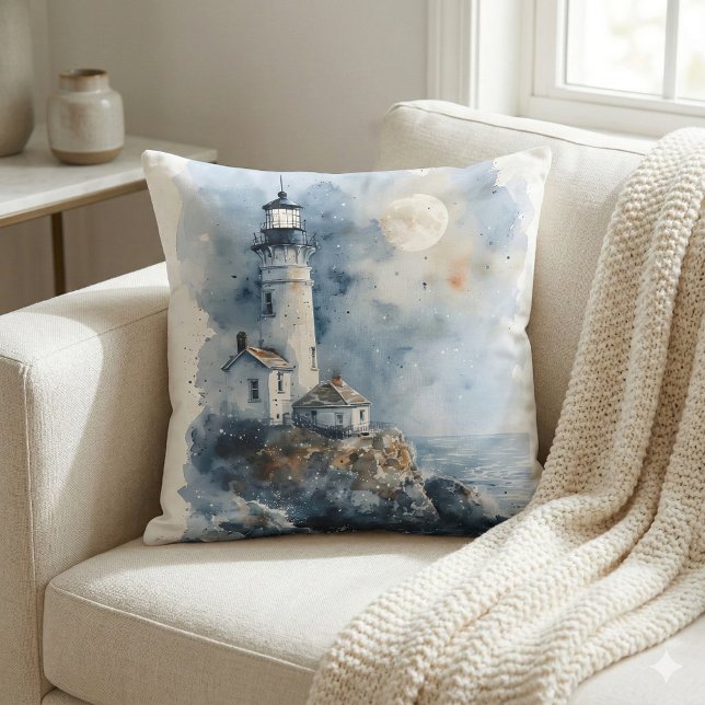 Månebelyst fyr på klippig kustlinje kudde (Moonlit Lighthouse on Rocky Coastline Throw Pillow Mockup A)