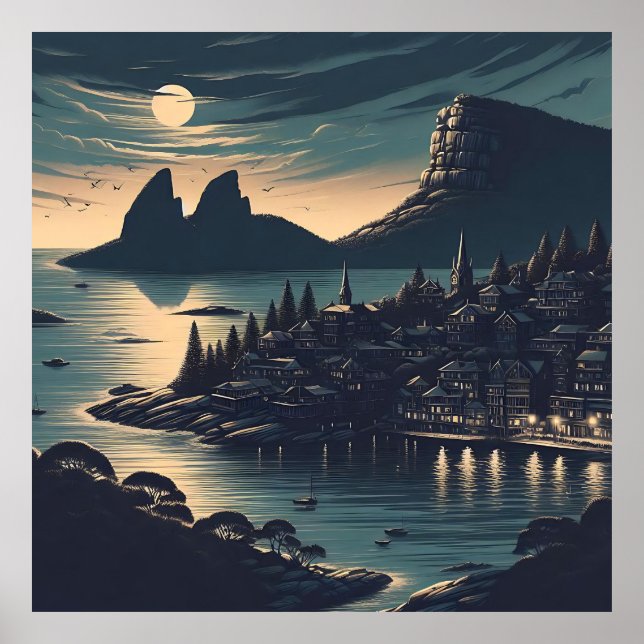Månebelyst hamn poster (Framsidan)