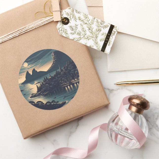 Månebelyst hamn runt klistermärke (Gåvor)