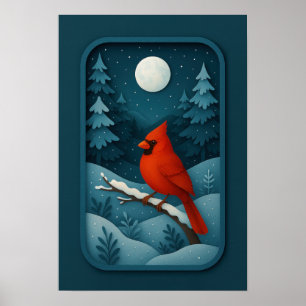 Månebelyst kardinal i vinter skog poster