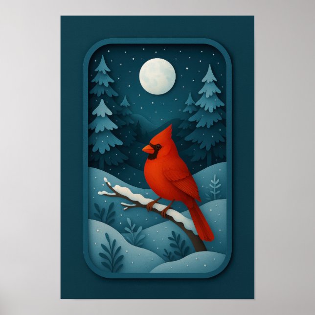Månebelyst kardinal i vinter skog poster (Framsidan)