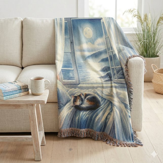 Månebelyst kustsovrum med sovande katt filt (Moonlit Coastal Bedroom with Sleeping Cat Throw Blanket)