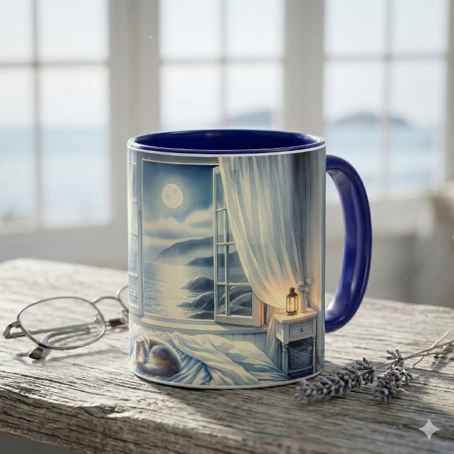 Månebelyst kustsovrum med sovande katt mugg (Moonlit Coastal Bedroom with Sleeping Cat Mug)