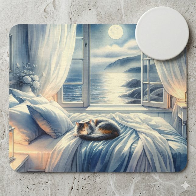 Månebelyst kustsovrum med sovande katt musmatta (Moonlit Coastal Bedroom with Sleeping Cat Mouse Pad)