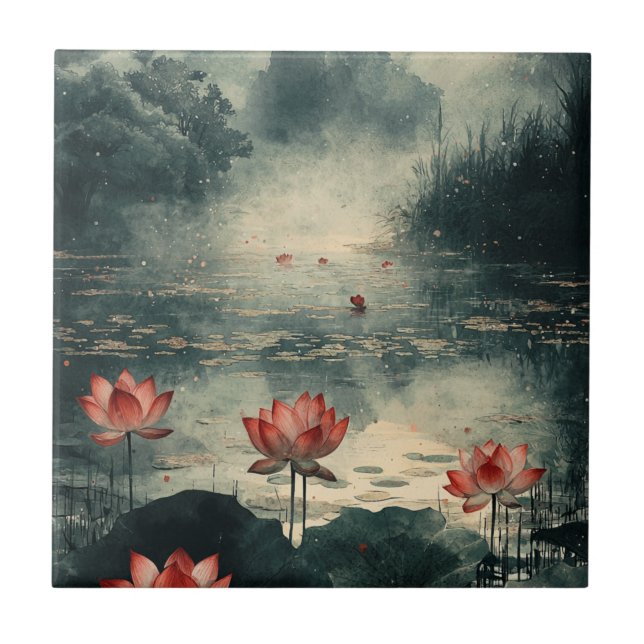 Månebelyst Lotus-sjö (2) Kakelplatta (Framsidan)