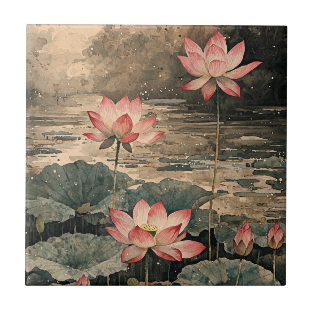 Månebelyst Lotus-sjö (3) Kakelplatta (Framsidan)