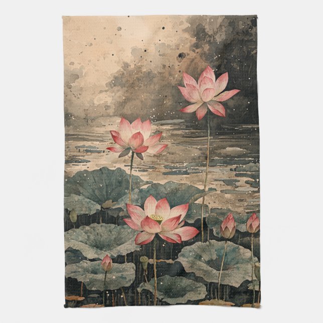 Månebelyst Lotus-sjö (3) Kökshandduk (Vertikal)