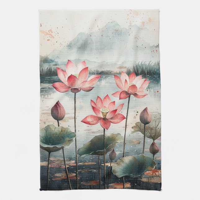 Månebelyst Lotus-sjö (7) Kökshandduk (Vertikal)