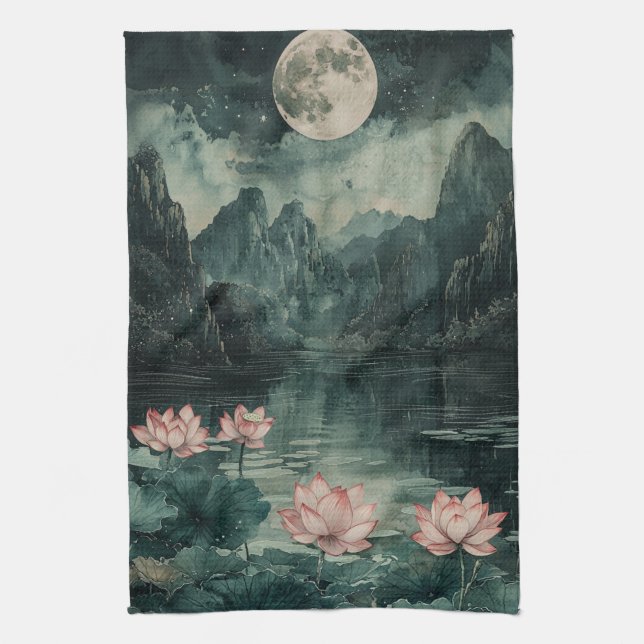 Månebelyst Lotus-sjö (8) Kökshandduk (Vertikal)