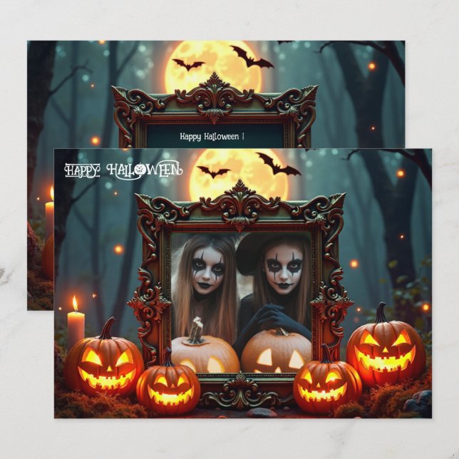 🎃Månebelyst maskerad Anpassad fotokort Inbjudningar (Fram/baksida)