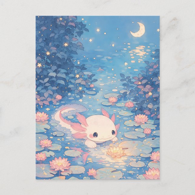 Månebelyst Pastell Kawaii Axolotl-damm Vykort (Framsida)