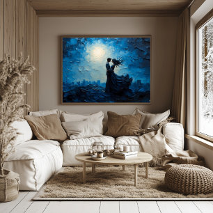 Månebelyst Romantisk Kärlekspar Embrace Scenisk Kv Poster