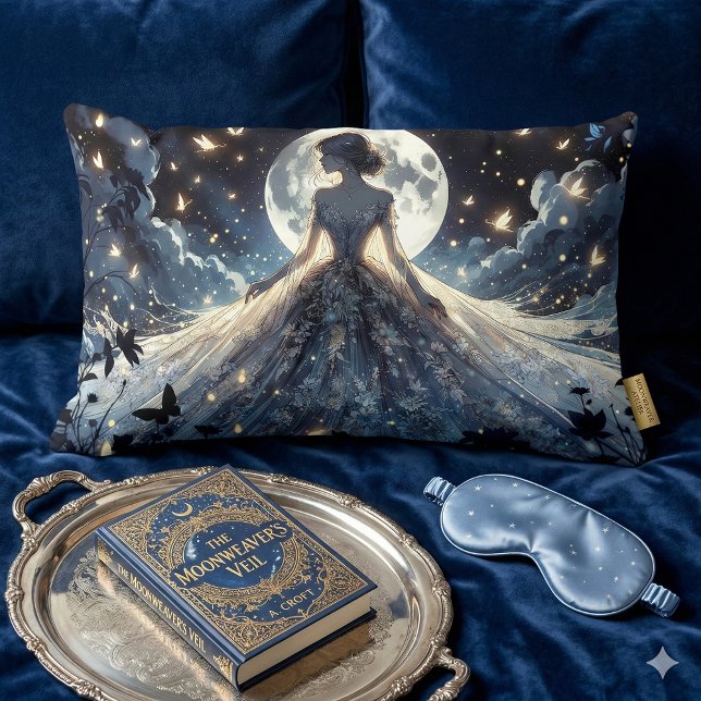 Månebelyst sagoprinsessa med himmelsdräkt lumbarkudde (Moonlit Fairy Princess Celestial Gown Lumbar Pillow Mockup A)