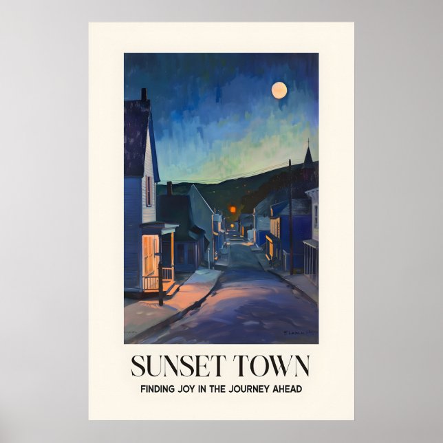 Månebelyst stad konsttryck kvälls gatubild poster (Framsidan)