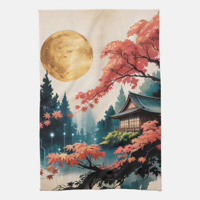 Månebelyst stuga Japansk skog konst (4) Kökshandduk (Vertikal)